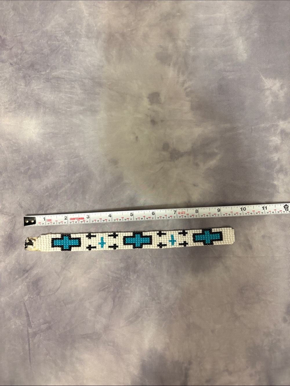 Craft White Beaded Head Band w/ Turquoise Cross and Blk Accents w/ Elastic Strap